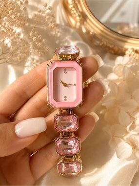 Swarovski Inspired Pink Crystal Bracelet Watch Luxury Glam Timepiece